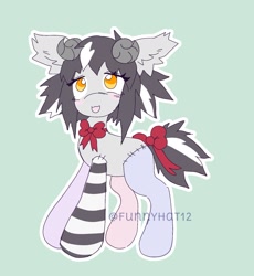 Size: 1657x1805 | Tagged: safe, artist:funnyhat12, oc, oc only, earth pony, original species, plush pony, pony, adoptable, bowtie, horns, plushie, simple background, solo