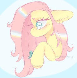 Size: 1440x1456 | Tagged: safe, artist:funnyhat12, fluttershy, butterfly, pony, g4, bust, gradient background, portrait, solo