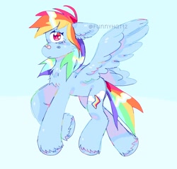 Size: 1550x1485 | Tagged: safe, artist:funnyhat12, rainbow dash, pegasus, pony, g4, chest fluff, ear fluff, female, mare, profile, signature, simple background, spread wings, wings