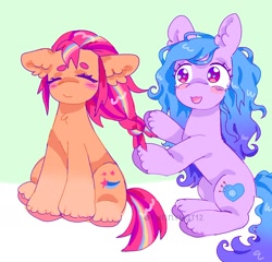 Size: 1550x1485 | Tagged: safe, artist:funnyhat12, izzy moonbow, sunny starscout, earth pony, pegasus, pony, g5, duo, ear fluff, eyes closed, female, mane stripe sunny, mare, open mouth, signature, sitting