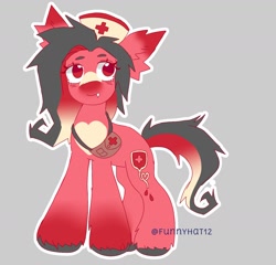 Size: 1550x1485 | Tagged: safe, artist:funnyhat12, oc, oc only, earth pony, pony, undead, vampire, vampony, adoptable, hat, nurse hat, satchel, simple background, solo