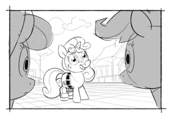 Size: 1280x905 | Tagged: safe, artist:inzergue, apple bloom, scootaloo, sweetie belle, g4, black and white, clothes, cutie mark crusaders, denim, grayscale, jeans, monochrome, pants