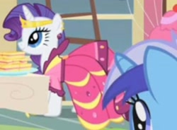 Size: 2141x1575 | Tagged: safe, screencap, minuette, rarity, pony, unicorn, a bird in the hoof, g4, beautiful, clothes, cropped, dress, food, gala dress, gown, jewelry, odd one out, rarity's first gala dress, sandwich, sugarcube corner, table, tiara