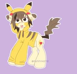 Size: 1550x1485 | Tagged: safe, artist:funnyhat12, oc, oc only, earth pony, pikachu, pony, adoptable, clothes, hoodie, pokémon, simple background, solo