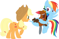 Size: 3538x2372 | Tagged: safe, artist:porygon2z, applejack, rainbow dash, beaver, earth pony, pegasus, pony, g4, angry beavers, applebutt, butt, crossover, daggett doofus beaver, eyes closed, feather, female, floating eyebrows, flying, grin, high res, holding, laughing, male, mare, open mouth, open smile, plot, raised hoof, simple background, smiling, smirk, spread wings, tickling, transparent background, trio, wings