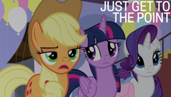 Size: 1920x1080 | Tagged: safe, edit, edited screencap, editor:quoterific, screencap, applejack, rarity, twilight sparkle, alicorn, earth pony, pony, unicorn, g4, the ending of the end, bag, balloon, saddle bag, twilight sparkle (alicorn)