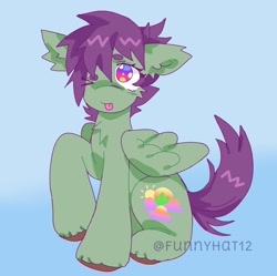 Size: 1448x1442 | Tagged: safe, artist:funnyhat12, oc, oc only, pegasus, pony, adoptable, gradient background, male, one eye closed, solo, wink