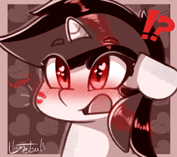Size: 1000x883 | Tagged: safe, artist:llametsul, oc, oc only, oc:blackjack, pony, unicorn, fallout equestria, fallout equestria: project horizons, cheek kiss, chibi, cute, female, heart, heart eyes, horn, kiss mark, kissing, lipstick, mare, monochrome, open mouth, shocked, signature, small horn, solo, wingding eyes