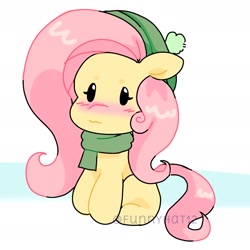 Size: 1525x1526 | Tagged: safe, artist:funnyhat12, fluttershy, pegasus, pony, g4, chibi, clothes, hat, scarf, simple background, solo, white background