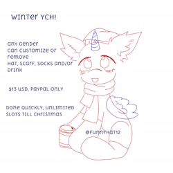 Size: 1525x1526 | Tagged: safe, artist:funnyhat12, pony, christmas, clothes, coffee, hat, holiday, santa hat, scarf, socks, ych example, your character here