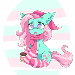 Size: 1525x1526 | Tagged: safe, artist:funnyhat12, minty, earth pony, pony, g3, christmas, clothes, coffee, gradient background, hat, holiday, santa hat, scarf, socks, solo