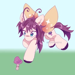 Size: 1525x1526 | Tagged: safe, artist:funnyhat12, oc, oc only, butterfly, butterfly pony, hybrid, pony, flying, gradient background, mushroom, solo