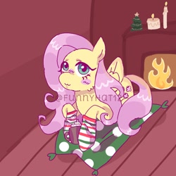 Size: 1000x1000 | Tagged: safe, artist:funnyhat12, fluttershy, pegasus, pony, g4, blanket, candle, chocolate, christmas, christmas tree, clothes, fireplace, food, holiday, hot chocolate, living room, lying down, socks, tree