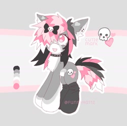 Size: 2024x2005 | Tagged: safe, artist:funnyhat12, oc, oc only, earth pony, pony, adoptable, clothes, collar, countershading, gradient background, high res, reference sheet, socks, solo
