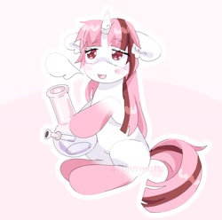 Size: 2024x2005 | Tagged: safe, artist:funnyhat12, oc, oc only, oc:strawberry smoothie (funnyhat12), pony, unicorn, bong, drug use, drugs, gradient background, high res, solo