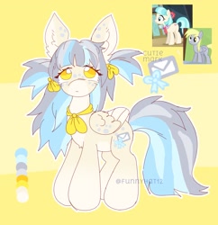 Size: 1531x1584 | Tagged: safe, artist:funnyhat12, coco pommel, derpy hooves, oc, earth pony, pegasus, pony, g4, fusion, fusion:derpy hooves, gradient background, trio