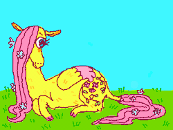 Size: 640x480 | Tagged: safe, artist:tertain, fluttershy, pegasus, pony, g4, animated, gif, grass, long hair, lying down, prone, solo