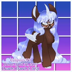 Size: 4096x4096 | Tagged: safe, artist:oddityarrow, oc, oc:eclipssa, alicorn, pony, curved horn, glasses, horn, implied death, name, redesign, solo