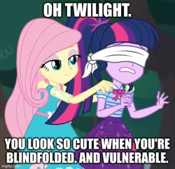 Size: 517x499 | Tagged: safe, edit, edited screencap, screencap, fluttershy, sci-twi, twilight sparkle, human, equestria girls, g4, my little pony equestria girls: better together, stressed in show, stressed in show: fluttershy, blindfold, caption, fluttershy boho dress, image macro, text
