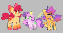 Size: 640x342 | Tagged: safe, artist:tacoscribs, apple bloom, scootaloo, sweetie belle, earth pony, pegasus, pony, unicorn, g4, alternate cutie mark, cutie mark crusaders, redesign, simple background