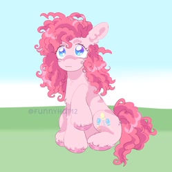 Size: 1544x1553 | Tagged: safe, artist:funnyhat12, pinkie pie, earth pony, pony, g4, female, gradient background, sitting, solo