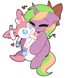 Size: 2478x2703 | Tagged: safe, artist:sakukitty, oc, oc:sparkly breeze, pony, sylveon, unicorn, bow, eyes closed, female, hair bow, heart, high res, mare, plushie, pokémon, simple background, snuggling, transparent background