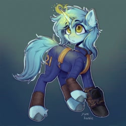 Size: 3500x3500 | Tagged: safe, artist:yumkandie, lyra heartstrings, pony, unicorn, g4, clothes, crossover, fallout, high res, magic, magic aura, pipbuck, solo