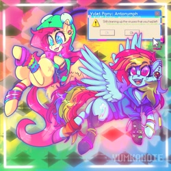 Size: 2048x2048 | Tagged: safe, artist:yumkandie, fluttershy, rainbow dash, pegasus, pony, antonymph, cutiemarks (and the things that bind us), g4, aesthetics, bracelet, braces, clothes, duo, ear piercing, female, fluttgirshy, gir, heart, heart eyes, high res, hood, hoodie, invader zim, jewelry, lesbian, nintendo ds, open mouth, open smile, piercing, ship:flutterdash, shipping, smiling, tongue out, tongue piercing, vylet pony, webcore, wingding eyes