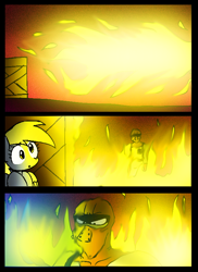 Size: 580x798 | Tagged: safe, artist:neoncabaret, derpy hooves, oc, oc:mel, human, pegasus, pony, comic:derpy's wish, g4, comic, fire