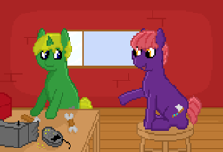 Size: 704x480 | Tagged: safe, artist:valuable ashes, oc, oc only, unnamed oc, earth pony, pony, unicorn, hammer, pixel art, radio, sitting, stool, table, window, wrench