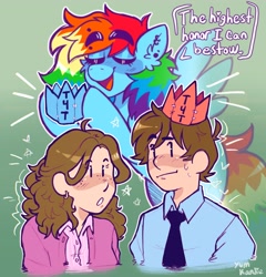 Size: 2977x3096 | Tagged: safe, artist:yumkandie, rainbow dash, g4, clothes, eyes closed, high res, jenna fischer, jim halpert, john krasinski, monologue, necktie, pam beesly, paper crown, shirt, smiling, surprised, talking, the office