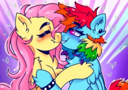 Size: 3301x2329 | Tagged: safe, artist:yumkandie, fluttershy, rainbow dash, pegasus, pony, g4, bracelet, duo, duo female, eyebrows, eyebrows visible through hair, eyes closed, female, heart, heart eyes, high res, jewelry, kiss on the lips, kissing, lesbian, looking at each other, looking at someone, mare, ship:flutterdash, shipping, wingding eyes