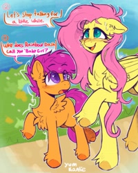 Size: 2685x3354 | Tagged: safe, artist:yumkandie, fluttershy, scootaloo, pegasus, pony, g4, babygirl, dialogue, female, filly, foal, grass, heart, heart eyes, high res, implied flutterdash, implied lesbian, implied rainbow dash, implied shipping, raised hoof, smiling, sweat, talking, wingding eyes