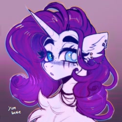 Size: 1722x1724 | Tagged: safe, artist:yumkandie, rarity, pony, unicorn, lil-miss rarity, g4, bust, ear piercing, eye scar, facial scar, open mouth, piercing, portrait, scar