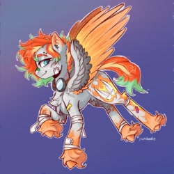 Size: 3313x3313 | Tagged: safe, artist:yumkandie, oc, oc only, pegasus, pony, bandaid, chest fluff, ear piercing, flying, goggles, high res, piercing, pubic fluff