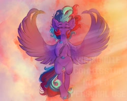 Size: 2048x1628 | Tagged: safe, artist:yumkandie, oc, oc only, pegasus, pony, eyes closed, flowing mane, flowing tail, flying, smiling, tail