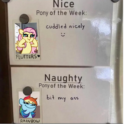 Size: 500x500 | Tagged: safe, artist:catfetti, fluttershy, rainbow dash, pegasus, pony, g4, cute, dashface, grin, heart, implied biting, implied butt, meme, naughty, nice, ponified meme, pony of the week, rainbow douche, shit eating grin, shyabetes, smiley face, smiling, smirk, smug, squee