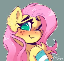 Size: 1594x1522 | Tagged: safe, artist:yumkandie, fluttershy, pony, g4, clothes, fangs, freckles, heart, heart eyes, looking at you, one eye closed, smiling, socks, wingding eyes