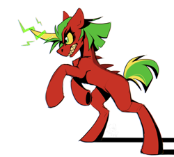Size: 1762x1594 | Tagged: safe, artist:rtootb, oc, oc only, oc:riot, dracony, dragon, hybrid, pony, unicorn, angry, angry eyes, big horn, ears back, fangs, female, floppy ears, green eyes, green magic, green mane, horn, looking at someone, magic, mare, rearing, red fur, running, simple background, sketch, solo, spikes, standing, yellow horn