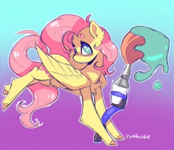 Size: 2048x1764 | Tagged: safe, artist:yumkandie, fluttershy, pegasus, pony, g4, brush, running, solo, splatoon, wide eyes