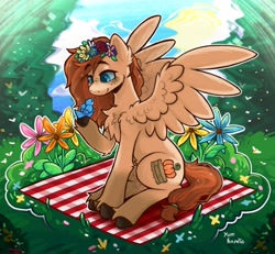Size: 2960x2732 | Tagged: safe, artist:yumkandie, oc, oc only, bird, pony, chest fluff, commission, ear fluff, female, flower, forest, grass, high res, picnic blanket, signature, solo, unshorn fetlocks