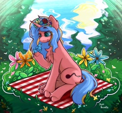 Size: 2960x2732 | Tagged: safe, artist:yumkandie, oc, oc only, bird, pony, unicorn, chest fluff, commission, ear fluff, female, flower, forest, grass, high res, picnic blanket, signature, solo, unshorn fetlocks