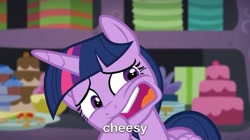 Size: 739x415 | Tagged: safe, screencap, twilight sparkle, alicorn, pony, g4, party pooped, cake, cropped, food, party cave, solo, they're just so cheesy, twilight sparkle (alicorn)