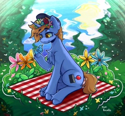 Size: 2960x2732 | Tagged: safe, artist:yumkandie, oc, oc only, bird, pony, unicorn, chest fluff, commission, ear fluff, female, flower, forest, grass, high res, picnic blanket, signature, solo, unshorn fetlocks