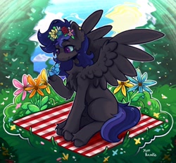 Size: 2960x2732 | Tagged: safe, artist:yumkandie, oc, oc only, bird, pegasus, pony, chest fluff, commission, ear fluff, female, flower, forest, grass, high res, picnic blanket, signature, solo, unshorn fetlocks