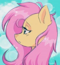 Size: 1888x2048 | Tagged: safe, artist:yumkandie, fluttershy, pony, g4, bust, female, lidded eyes, looking at something, looking away, mare, open mouth, portrait, profile, scan lines, solo, sparkles