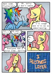 Size: 700x1000 | Tagged: safe, artist:camiliar, fluttershy, pinkie pie, rainbow dash, rarity, earth pony, pegasus, pony, unicorn, g4, bad influence, bong, comic, dialogue, drugs, marijuana, painfully innocent fluttershy