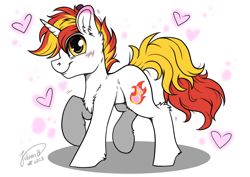 Size: 4093x2894 | Tagged: safe, artist:julunis14, oc, oc only, pony, unicorn, blushing, chest fluff, coat markings, commission, digital, ear fluff, heart, hoof fluff, leg fluff, looking at you, pose, raised hoof, signature, solo