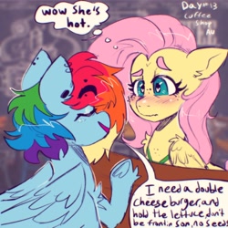 Size: 3500x3500 | Tagged: safe, artist:yumkandie, fluttershy, rainbow dash, g4, alternate universe, apron, clothes, coffee shop, cringetober, dialogue, ear piercing, eyes closed, female, high res, lesbian, piercing, ship:flutterdash, shipping, table, thought bubble