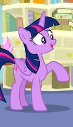 Size: 421x729 | Tagged: safe, screencap, twilight sparkle, alicorn, pony, a horse shoe-in, g4, book, bookshelf, cropped, female, folded wings, mare, smiling, smirk, solo, starlight's office, twilight sparkle (alicorn), wings